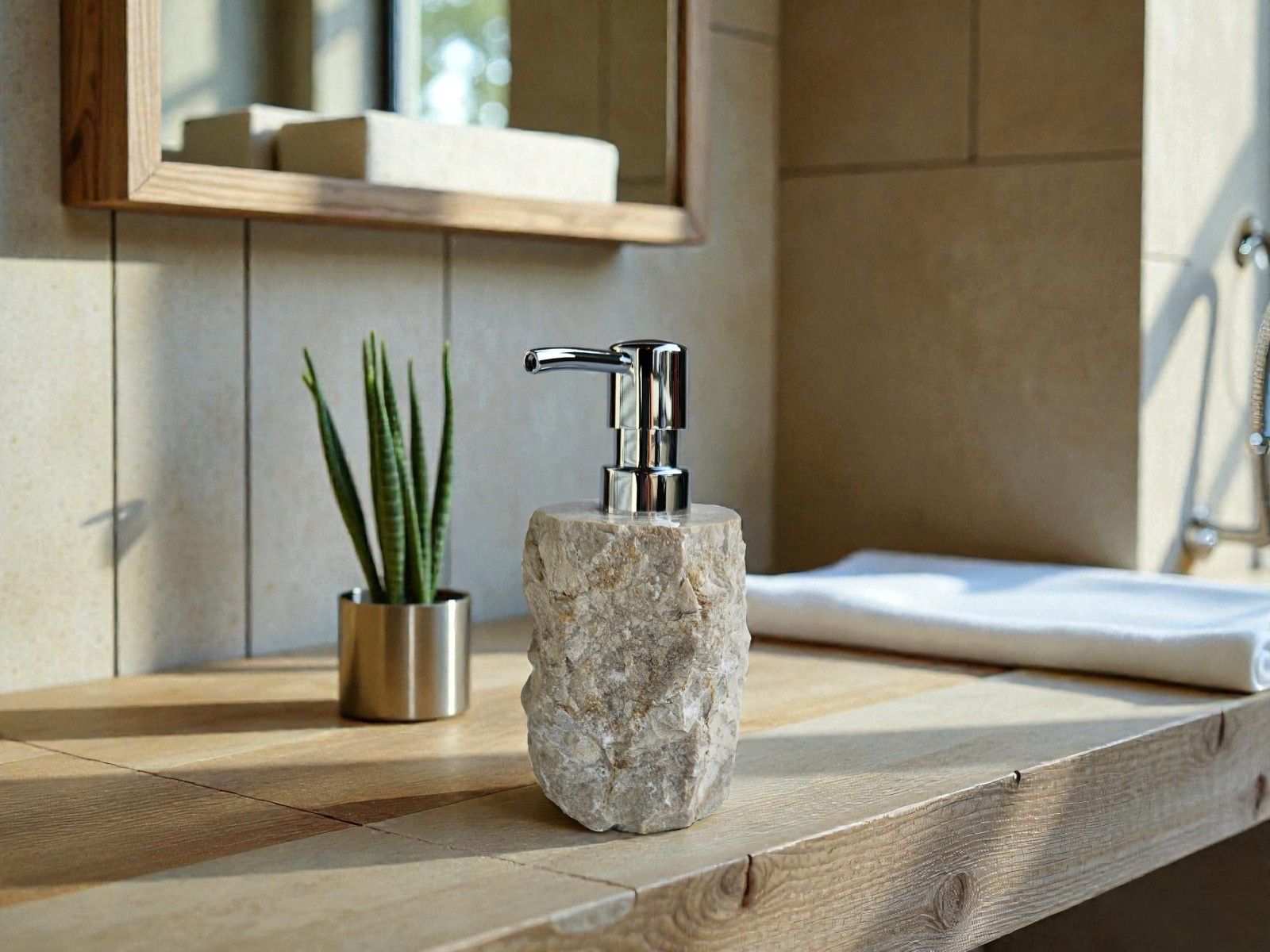 distributeur de savon en marbre beige