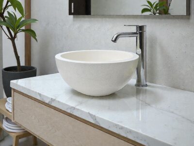 lavabo salle de bain en terrazzo blanc