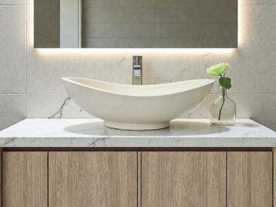 vasque a poser design en terrazzo beige