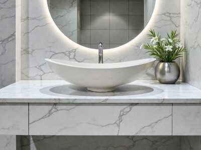 vasque a poser ovale en terrazzo blanc