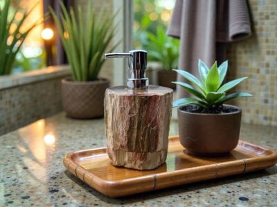 distributeur savon bois fossilise